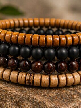 Mens Wooden Bead Bracelet Set of 4, Stretch Stack Natural Boho Tribal Unisex